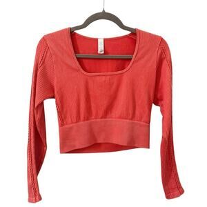 Aerie Offline Seamless Cable Square Neck Long Sleeve Crop Top Coral Orange Sz L